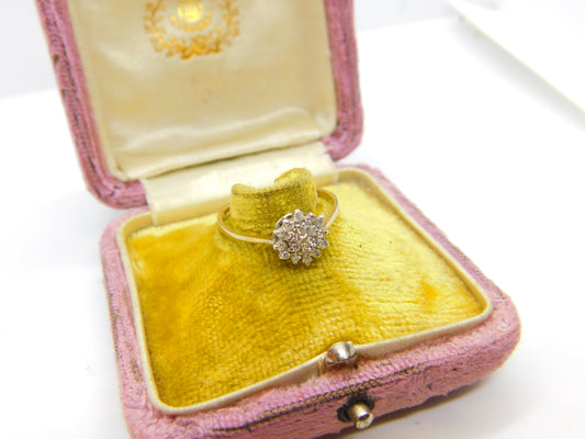 9ct Yellow Gold, Diamond Set Floral Cluster Ring 1986 London Vintage