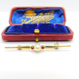 9ct Yellow Gold, Garnet & Pearl Set Sweetheart Bar Brooch Vintage 1987 London