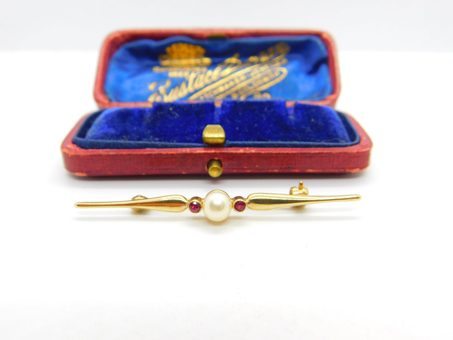 9ct Yellow Gold, Garnet & Pearl Set Sweetheart Bar Brooch Vintage 1987 London