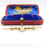 9ct Yellow Gold, Garnet & Pearl Set Sweetheart Bar Brooch Vintage 1987 London