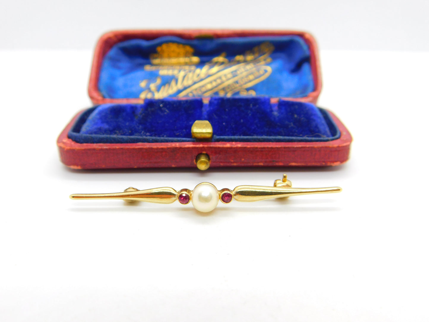 9ct Yellow Gold, Garnet & Pearl Set Sweetheart Bar Brooch Vintage 1987 London