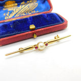 9ct Yellow Gold, Garnet & Pearl Set Sweetheart Bar Brooch Vintage 1987 London