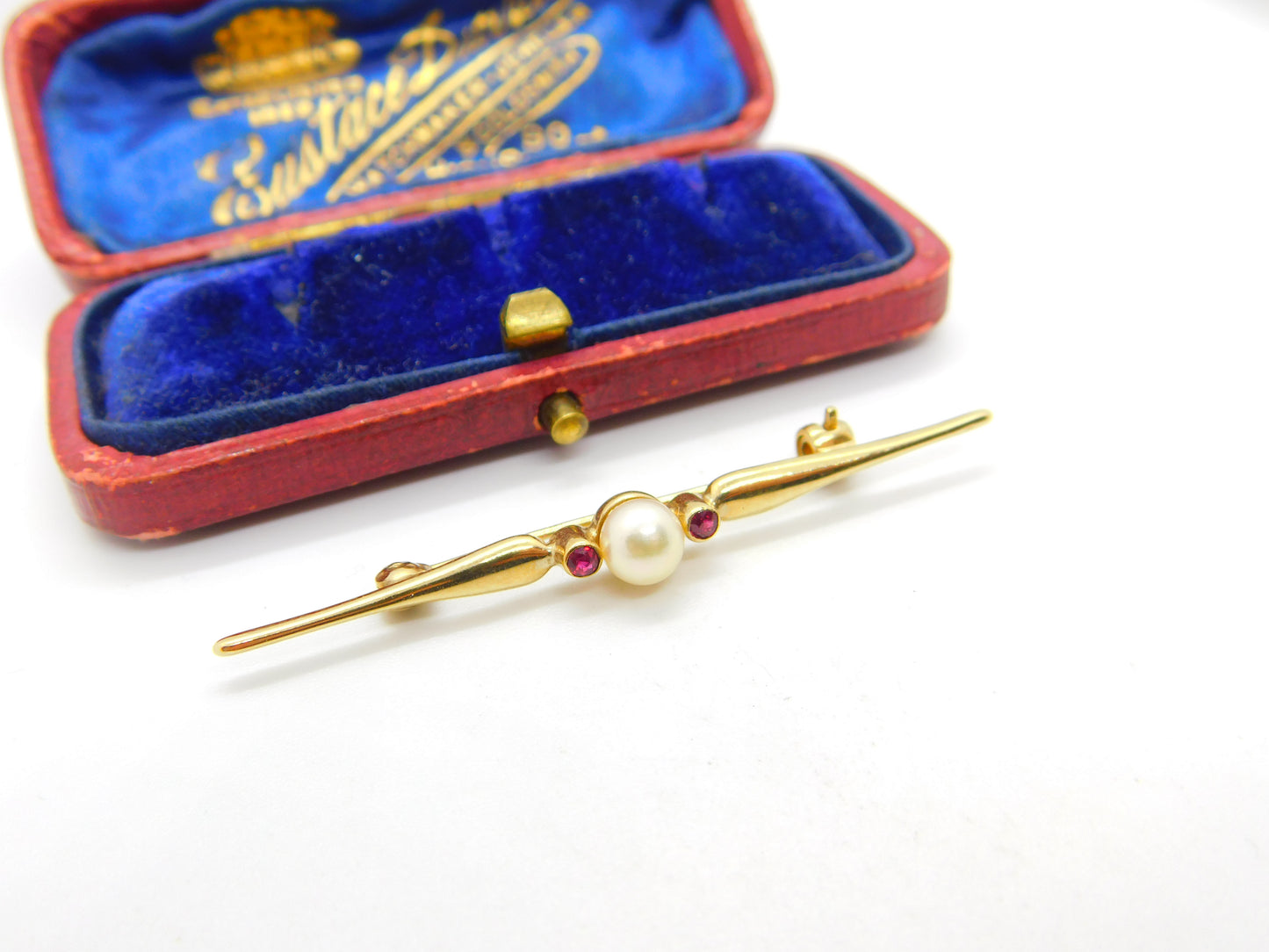 9ct Yellow Gold, Garnet & Pearl Set Sweetheart Bar Brooch Vintage 1987 London