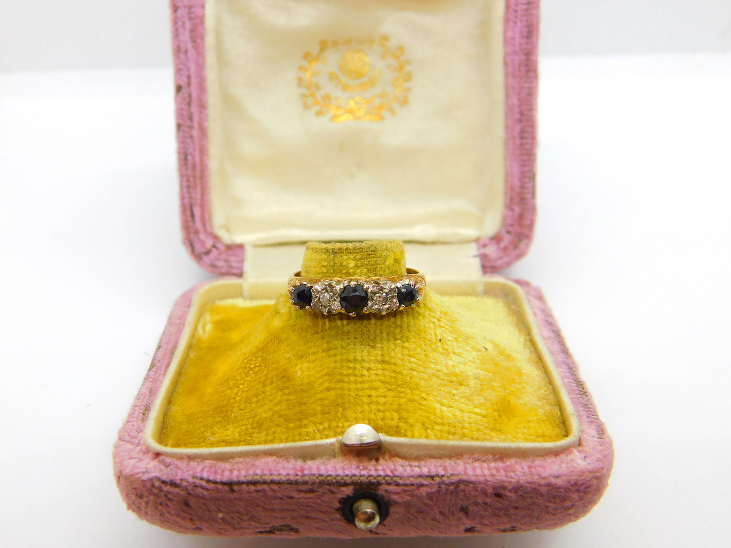 9ct Yellow Gold, Sapphire & Diamond Boat Ring 1982 Edinburgh Vintage