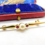 9ct Yellow Gold, Garnet & Pearl Set Sweetheart Bar Brooch Vintage 1987 London