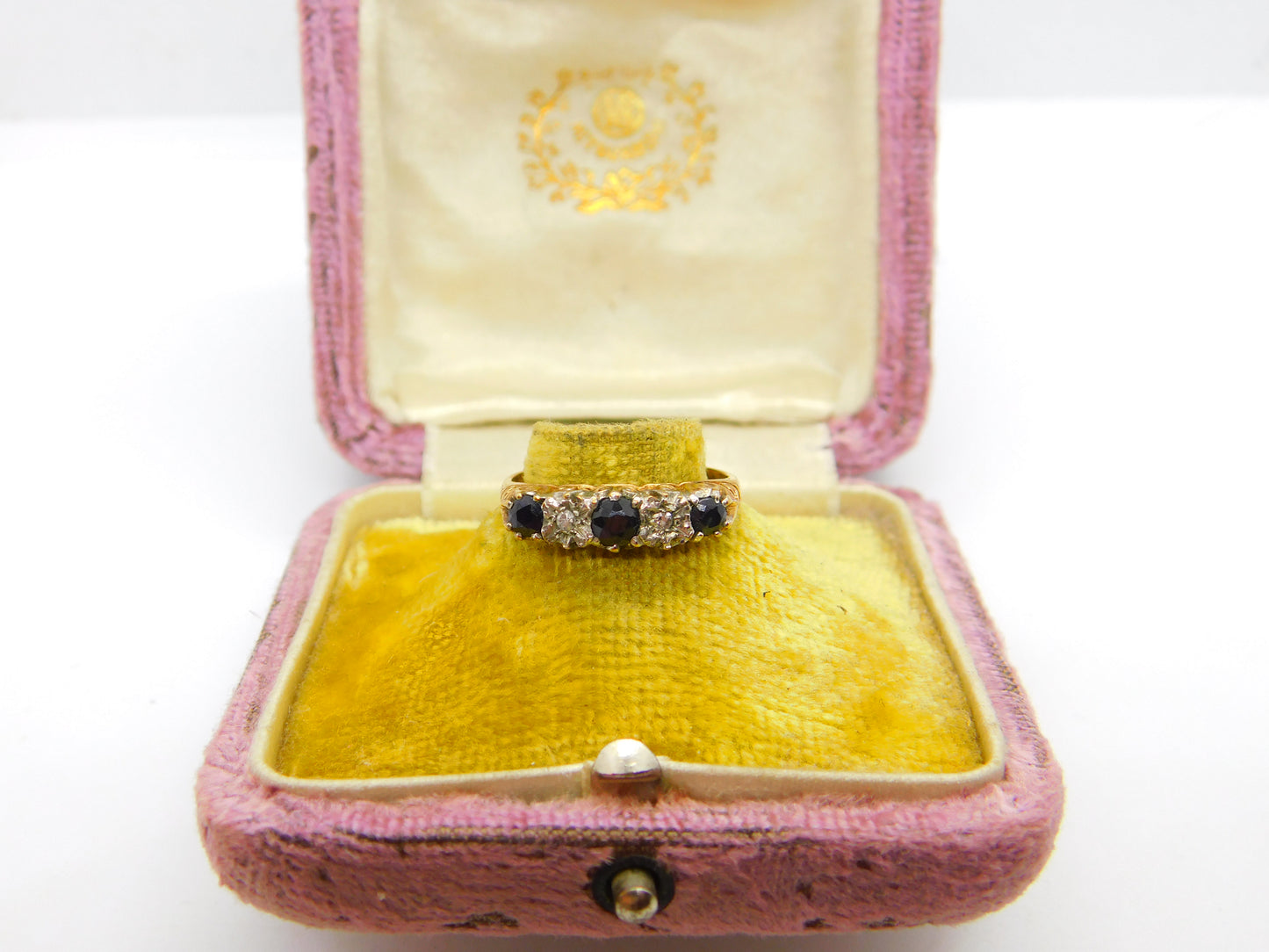 9ct Yellow Gold, Sapphire & Diamond Boat Ring 1982 Edinburgh Vintage