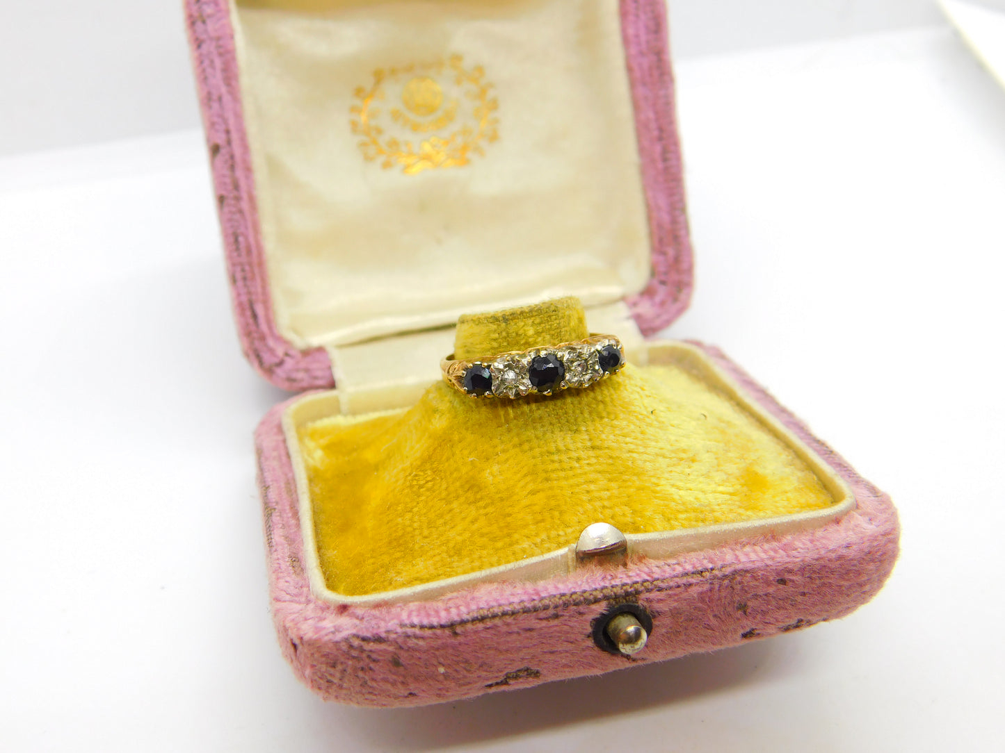 9ct Yellow Gold, Sapphire & Diamond Boat Ring 1982 Edinburgh Vintage