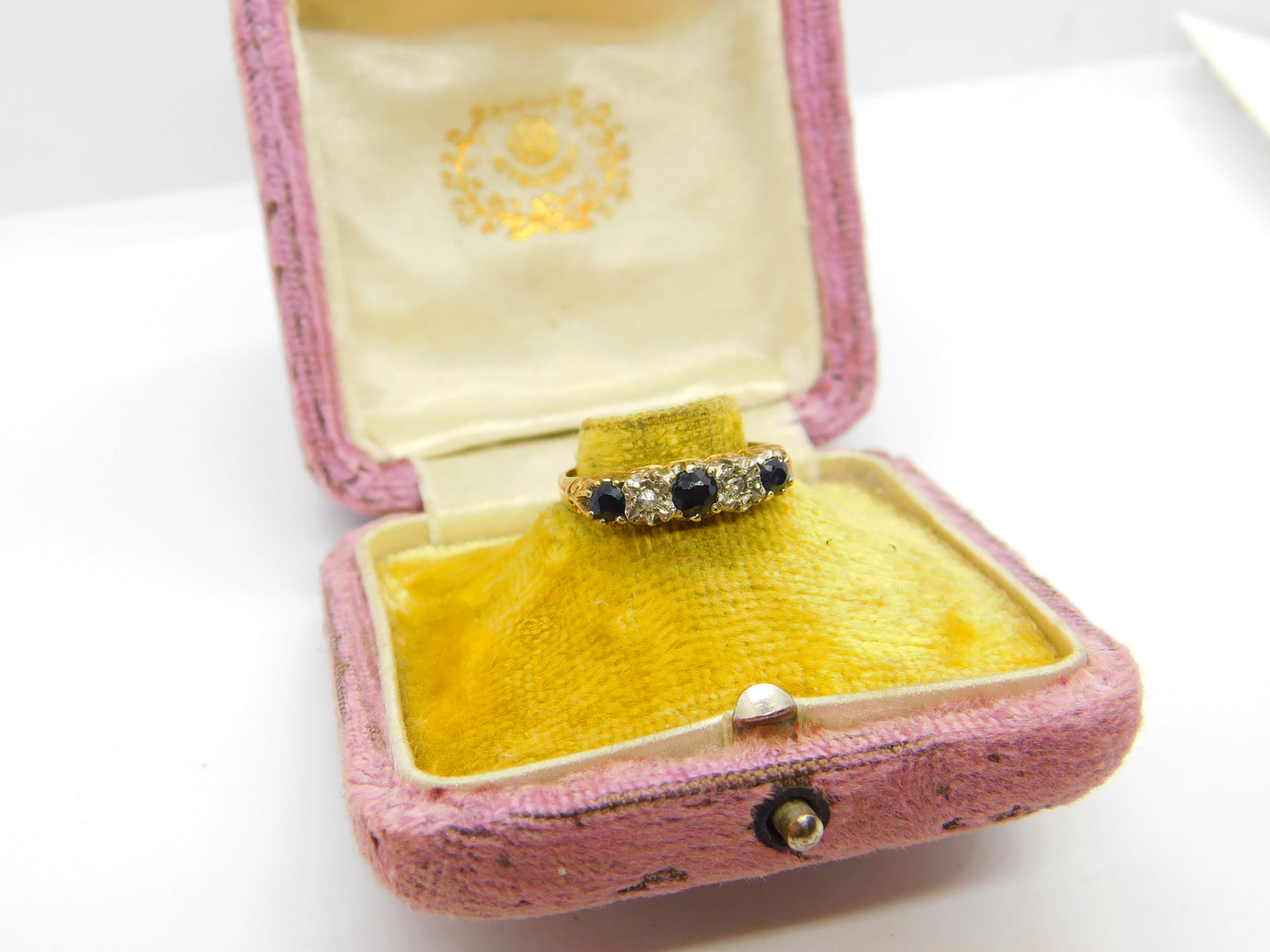 9ct Yellow Gold, Sapphire & Diamond Boat Ring 1982 Edinburgh Vintage