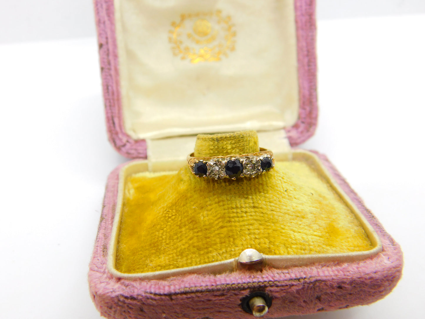 9ct Yellow Gold, Sapphire & Diamond Boat Ring 1982 Edinburgh Vintage