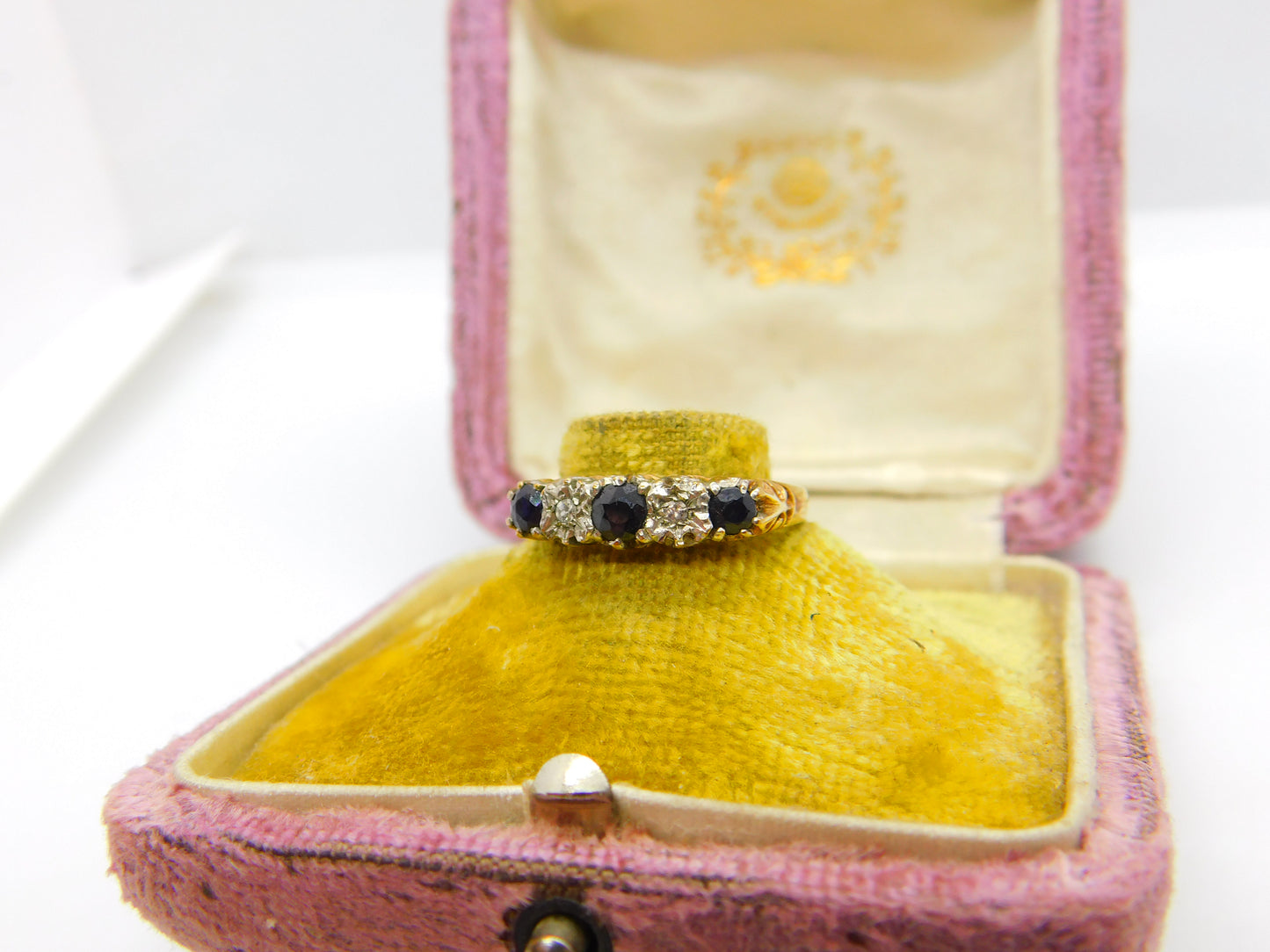 9ct Yellow Gold, Sapphire & Diamond Boat Ring 1982 Edinburgh Vintage