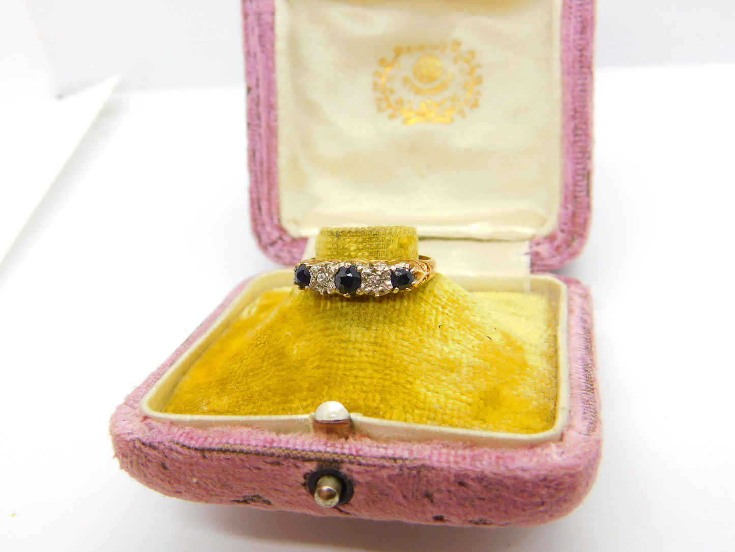 9ct Yellow Gold, Sapphire & Diamond Boat Ring 1982 Edinburgh Vintage