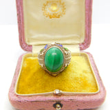 Chinese Export Sterling Silver, Cabochon Malachite & Enamel Signet Ring c1950