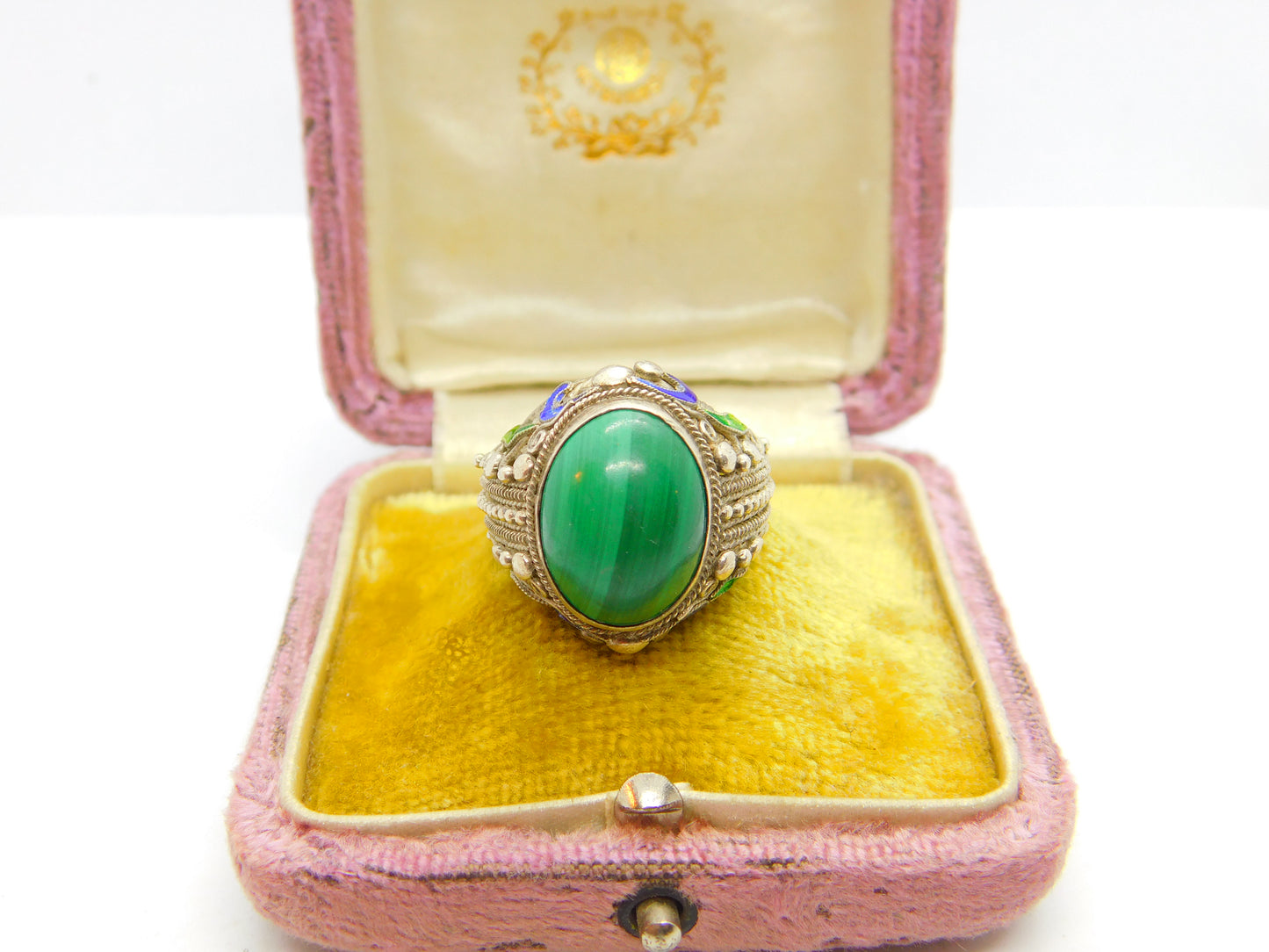 Chinese Export Sterling Silver, Cabochon Malachite & Enamel Signet Ring c1950