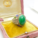 Chinese Export Sterling Silver, Cabochon Malachite & Enamel Signet Ring c1950