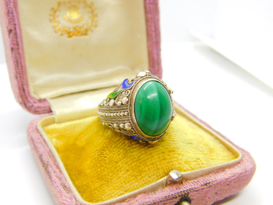 Chinese Export Sterling Silver, Cabochon Malachite & Enamel Signet Ring c1950