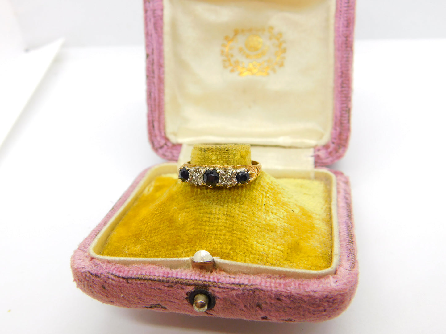 9ct Yellow Gold, Sapphire & Diamond Boat Ring 1982 Edinburgh Vintage