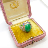 Chinese Export Sterling Silver, Cabochon Malachite & Enamel Signet Ring c1950