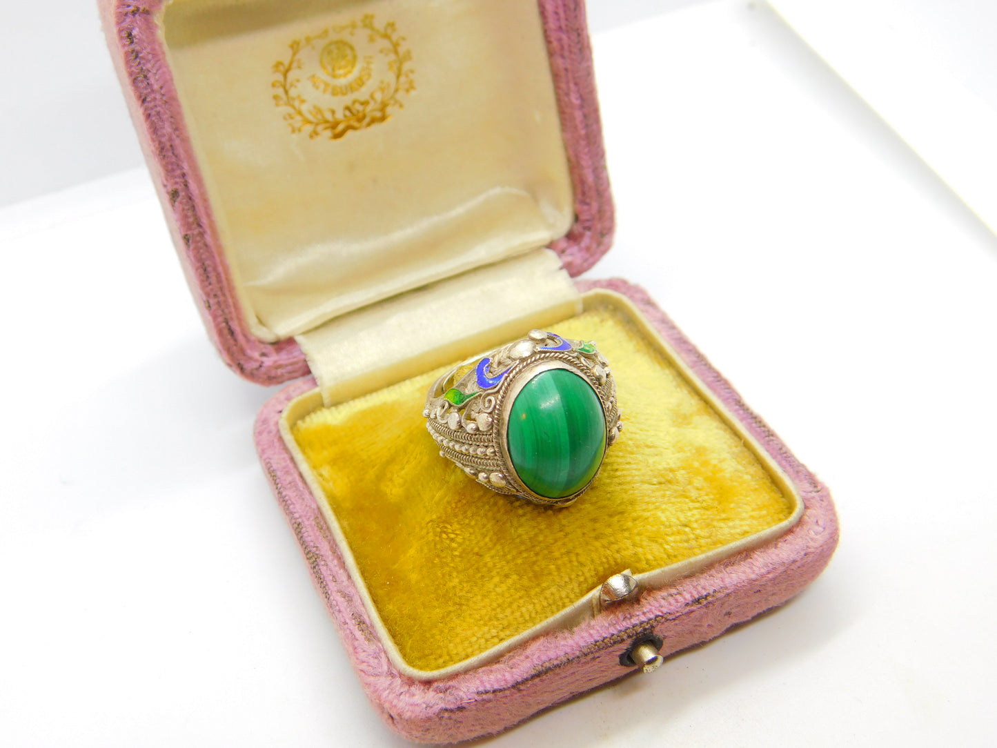 Chinese Export Sterling Silver, Cabochon Malachite & Enamel Signet Ring c1950