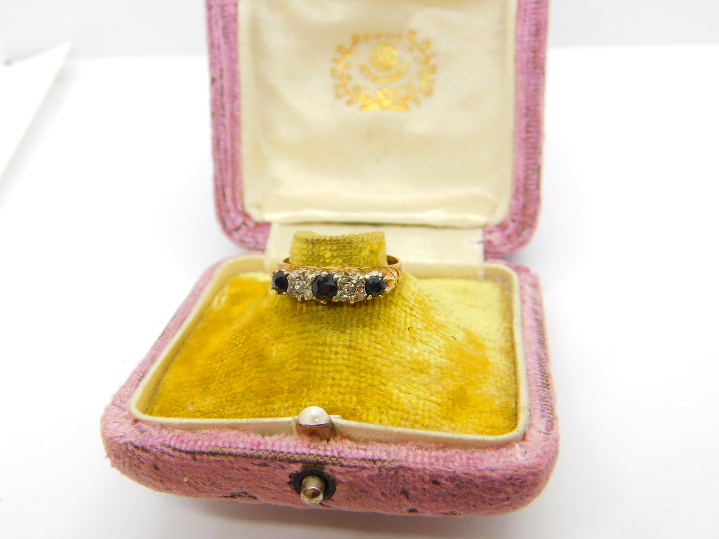 9ct Yellow Gold, Sapphire & Diamond Boat Ring 1982 Edinburgh Vintage