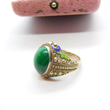 Chinese Export Sterling Silver, Cabochon Malachite & Enamel Signet Ring c1950