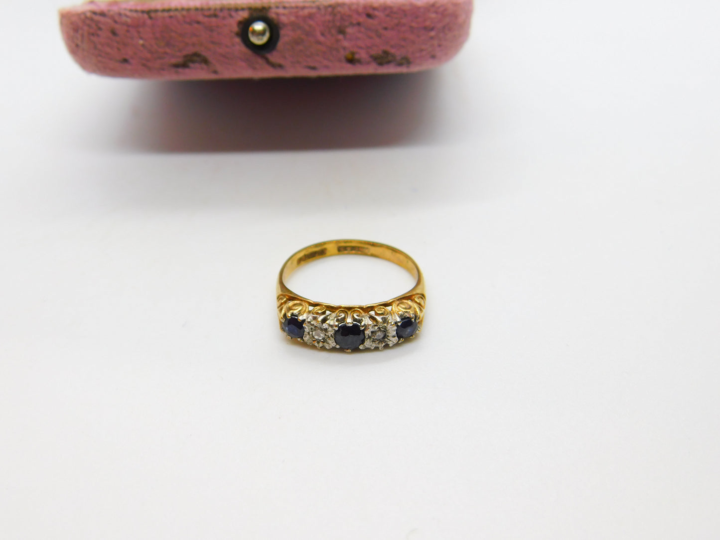 9ct Yellow Gold, Sapphire & Diamond Boat Ring 1982 Edinburgh Vintage