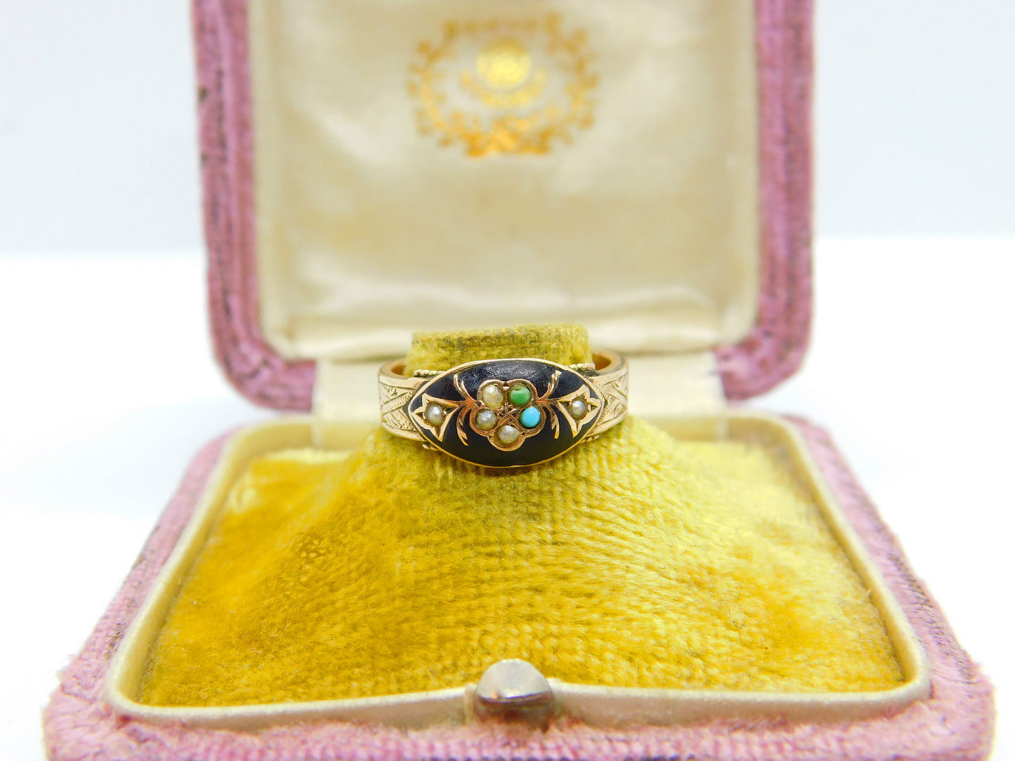 Victorian 9ct Gold, Black Enamel, Turquoise & Seed Pearl Mourning Ring 1886