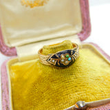 Victorian 9ct Gold, Black Enamel, Turquoise & Seed Pearl Mourning Ring 1886