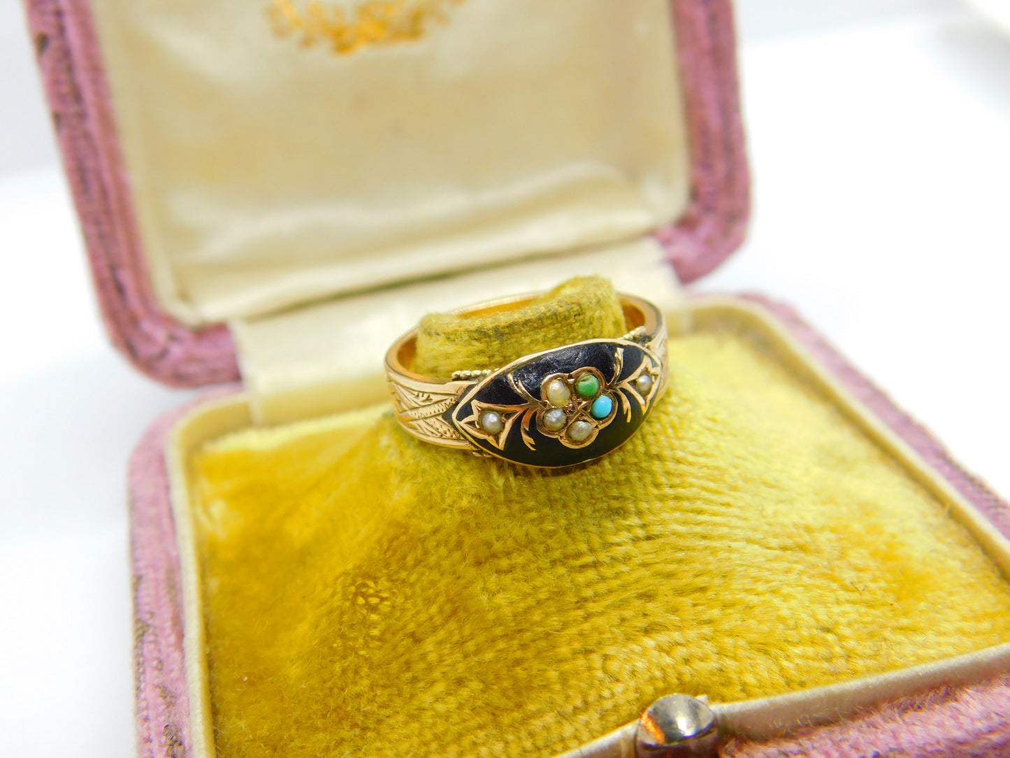 Victorian 9ct Gold, Black Enamel, Turquoise & Seed Pearl Mourning Ring 1886