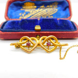 Edwardian 9ct Gold & Ruby Set Double Heart Sweetheart Brooch Antique c1910