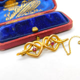 Edwardian 9ct Gold & Ruby Set Double Heart Sweetheart Brooch Antique c1910