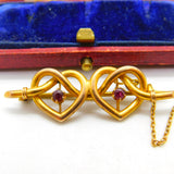 Edwardian 9ct Gold & Ruby Set Double Heart Sweetheart Brooch Antique c1910