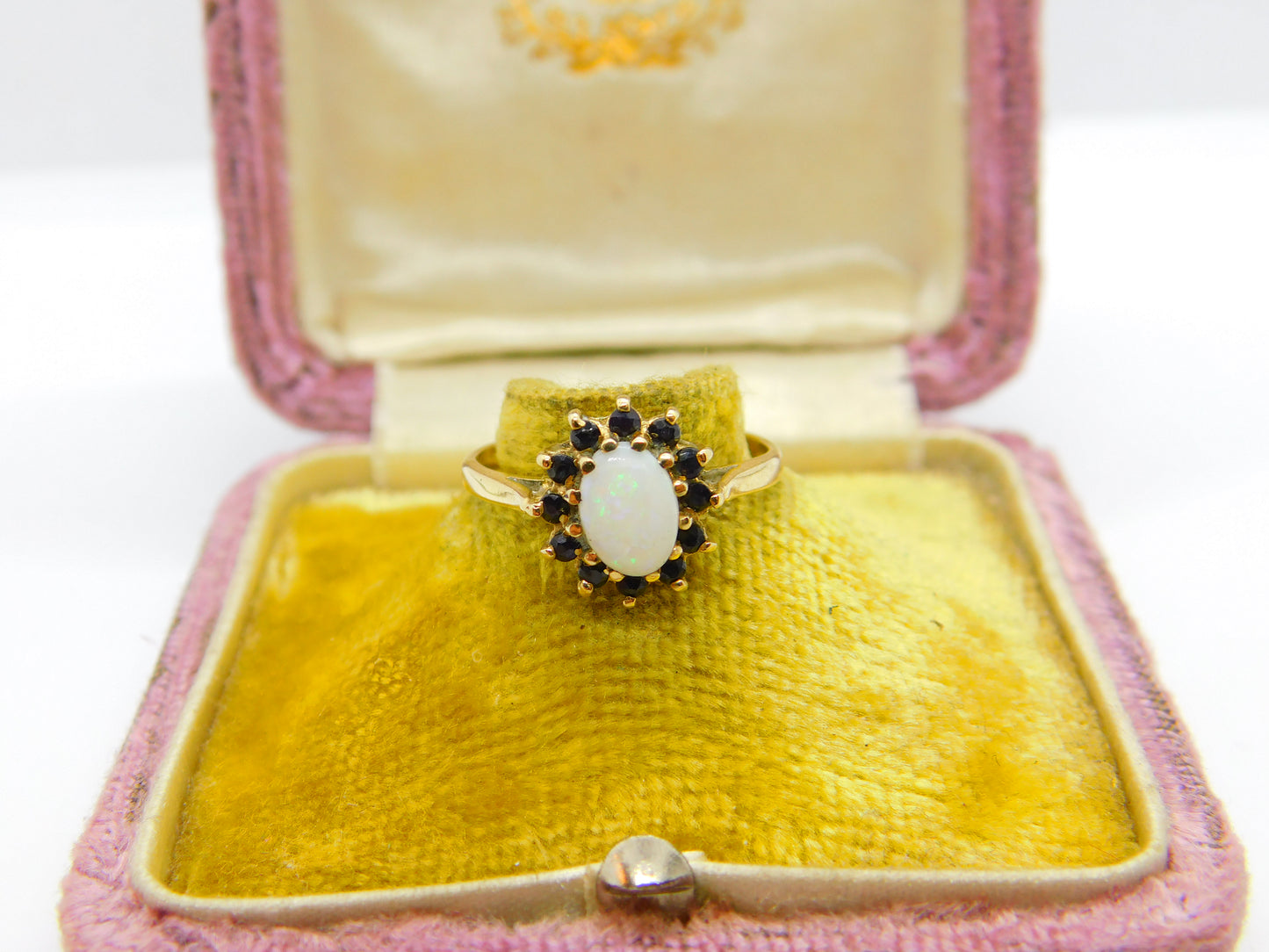 9ct Yellow Gold, Cabochon Opal & Sapphire Floral Cluster Ring 1987 Birmingham