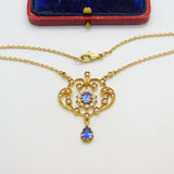 9ct Gold Victorian Revival, Sapphire & Seed Pearl Lavalier Drop Necklace Vintage