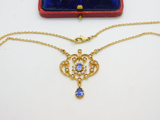 9ct Gold Victorian Revival, Sapphire & Seed Pearl Lavalier Drop Necklace Vintage