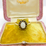 9ct Yellow Gold, Cabochon Opal & Sapphire Floral Cluster Ring 1987 Birmingham