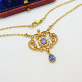 9ct Gold Victorian Revival, Sapphire & Seed Pearl Lavalier Drop Necklace Vintage