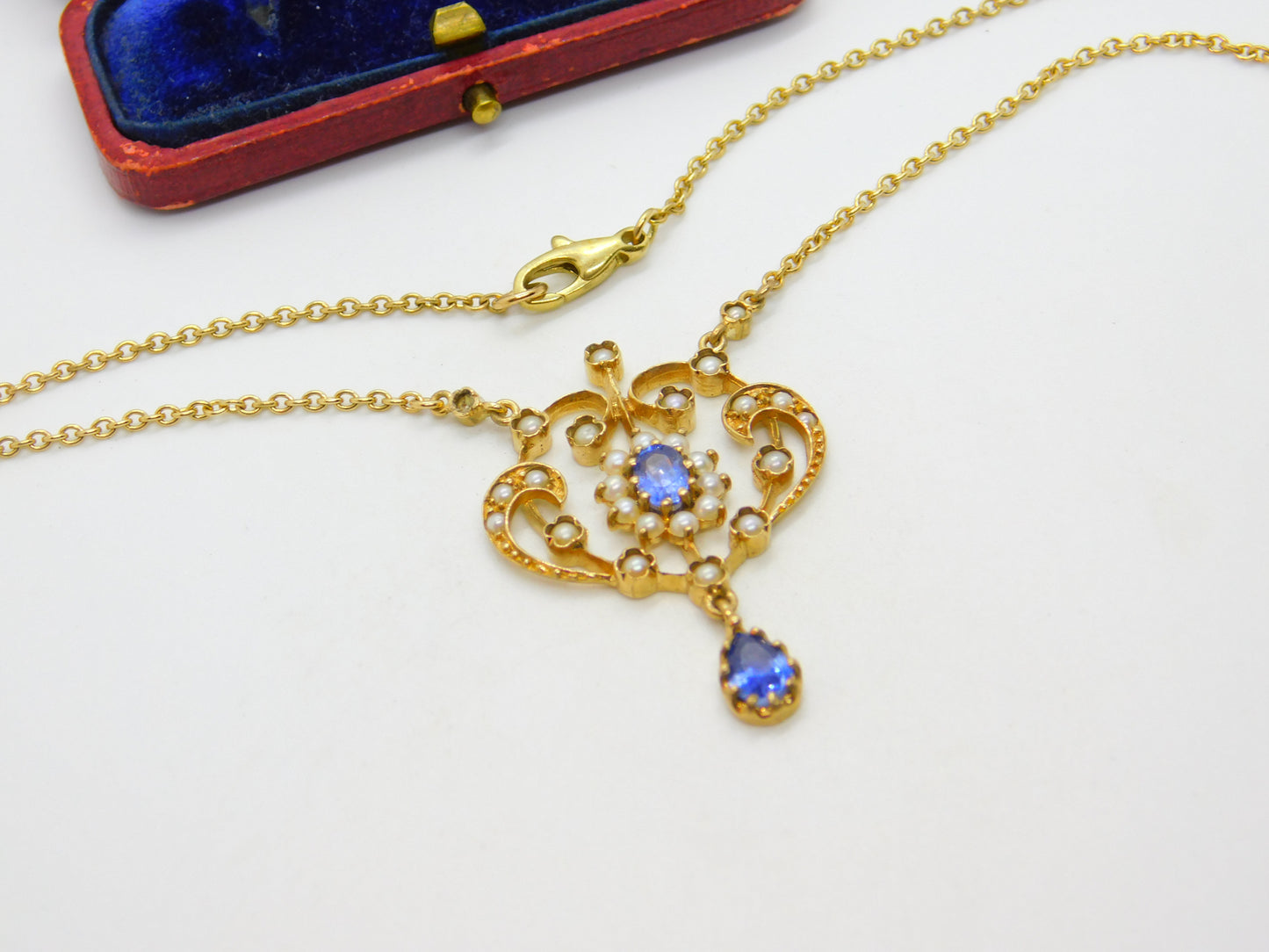 9ct Gold Victorian Revival, Sapphire & Seed Pearl Lavalier Drop Necklace Vintage