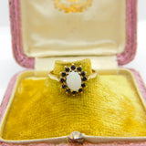 9ct Yellow Gold, Cabochon Opal & Sapphire Floral Cluster Ring 1987 Birmingham