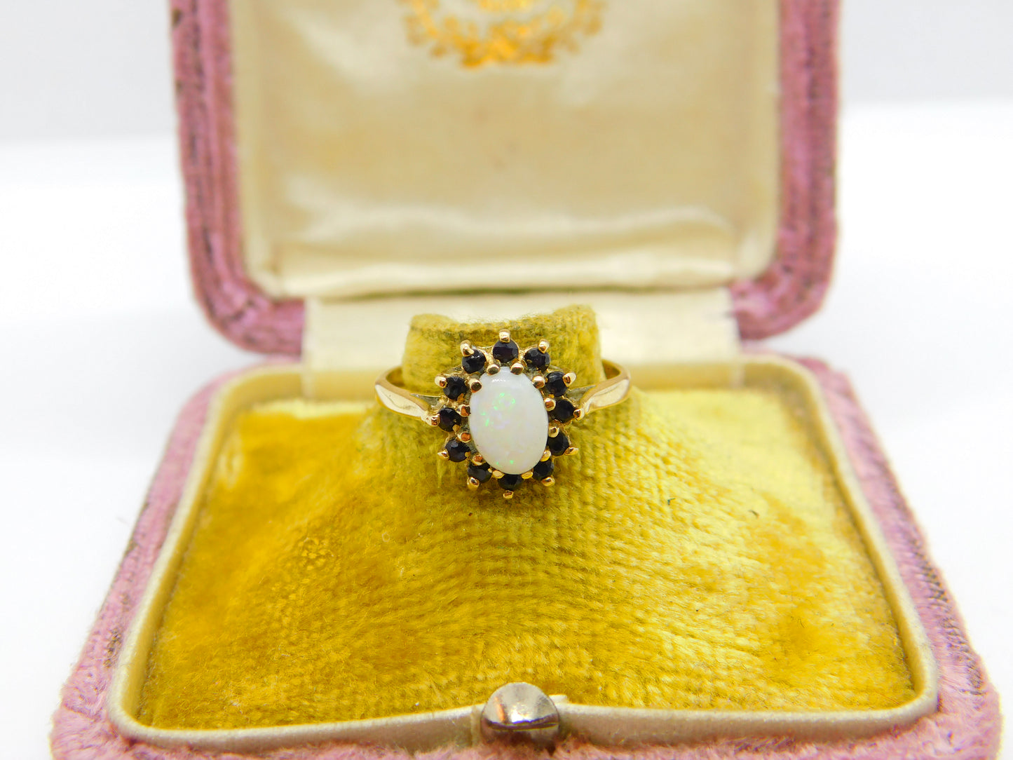 9ct Yellow Gold, Cabochon Opal & Sapphire Floral Cluster Ring 1987 Birmingham