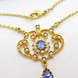 9ct Gold Victorian Revival, Sapphire & Seed Pearl Lavalier Drop Necklace Vintage