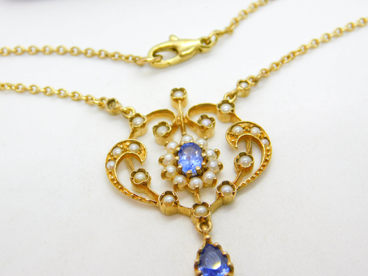 9ct Gold Victorian Revival, Sapphire & Seed Pearl Lavalier Drop Necklace Vintage