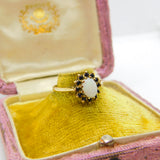 9ct Yellow Gold, Cabochon Opal & Sapphire Floral Cluster Ring 1987 Birmingham