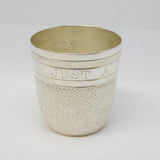 Edwardian Novelty Silver Plated 'Just a Thimble Full' Whisky Shot Cup Antique c1910