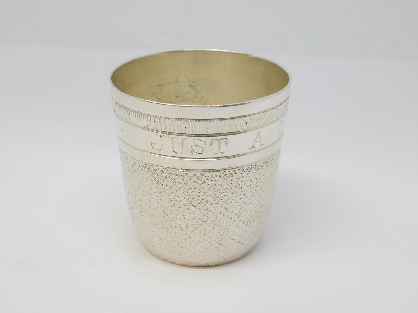 Edwardian Novelty Silver Plated 'Just a Thimble Full' Whisky Shot Cup Antique c1910
