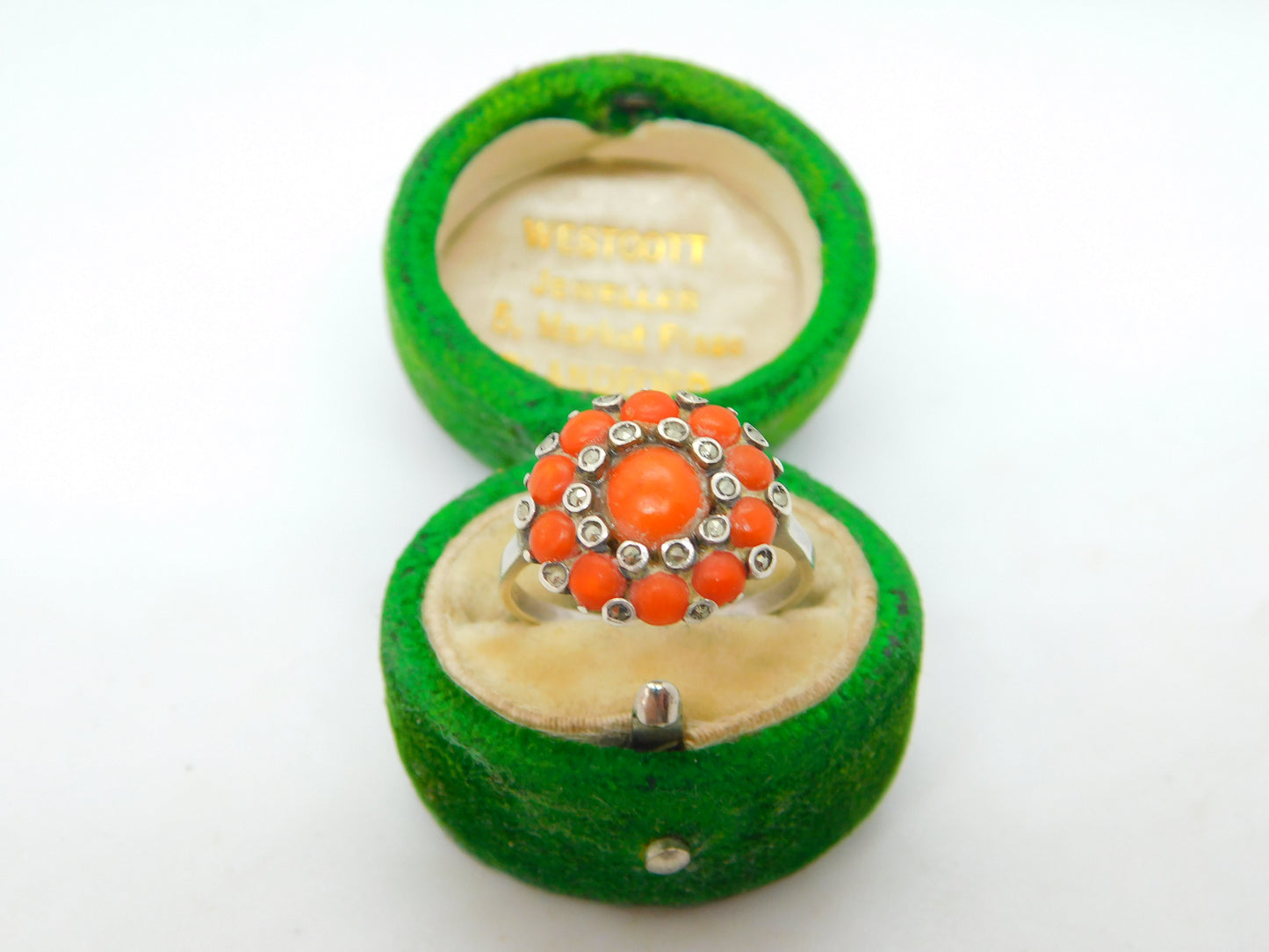 Sterling Silver Red Coral & Marcasite Floral Cluster Ring Antique c1920 Art Deco