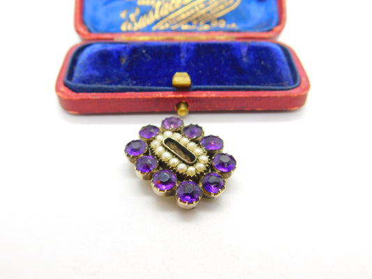 Georgian 9ct Gold, Amethyst & Seed Pearl Mourning Pendant Antique c1820