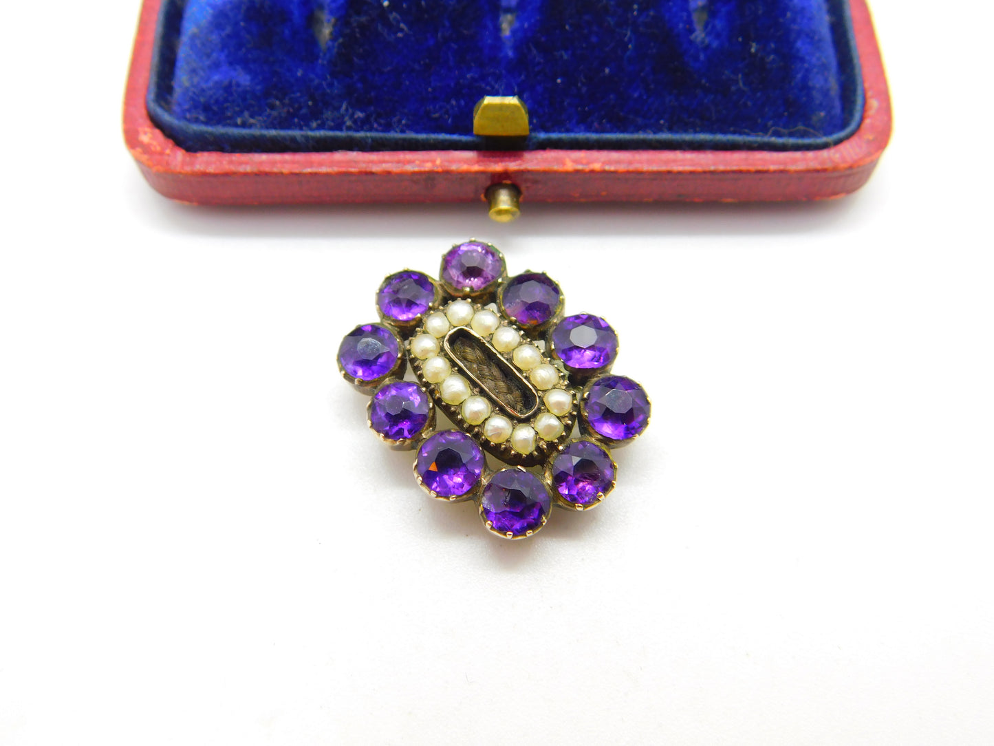 Georgian 9ct Gold, Amethyst & Seed Pearl Mourning Pendant Antique c1820