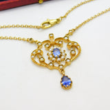 9ct Gold Victorian Revival, Sapphire & Seed Pearl Lavalier Drop Necklace Vintage