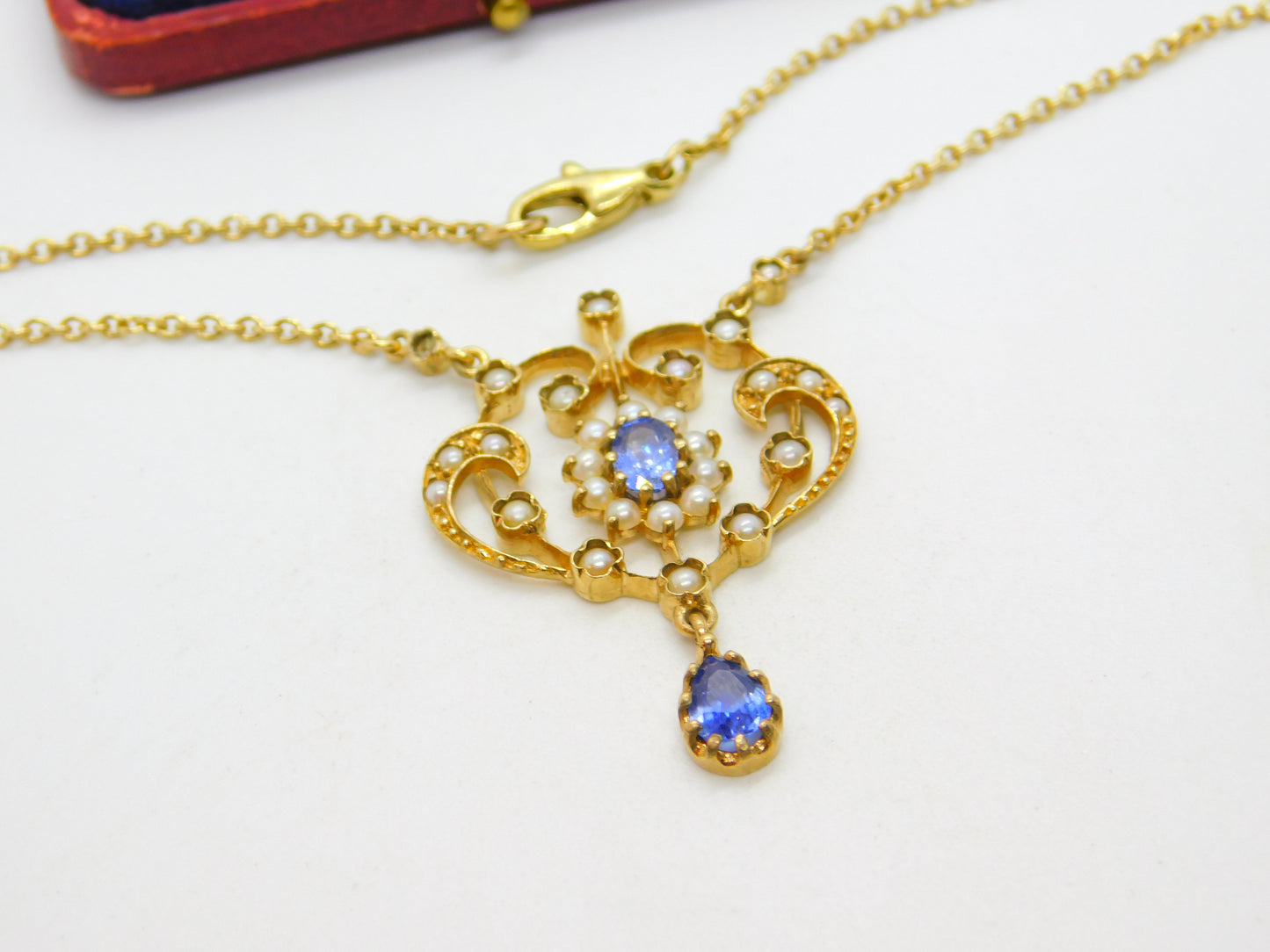 9ct Gold Victorian Revival, Sapphire & Seed Pearl Lavalier Drop Necklace Vintage