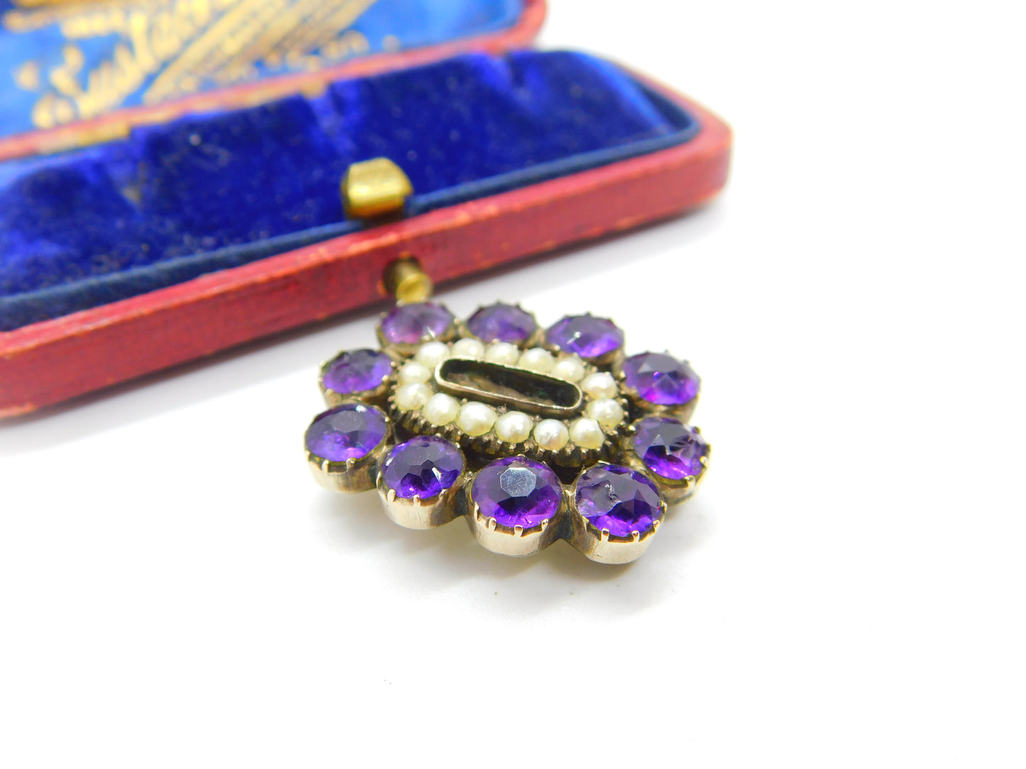 Georgian 9ct Gold, Amethyst & Seed Pearl Mourning Pendant Antique c1820